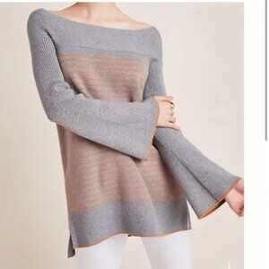 by Anthropologie | Elise Ribbed Off Shoulder Tunic Sweater in Gray Tan Stripe